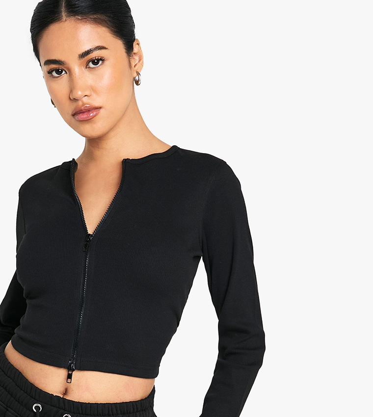 Double Zip Long Sleeves Rib Top and Short Tracksuit Set