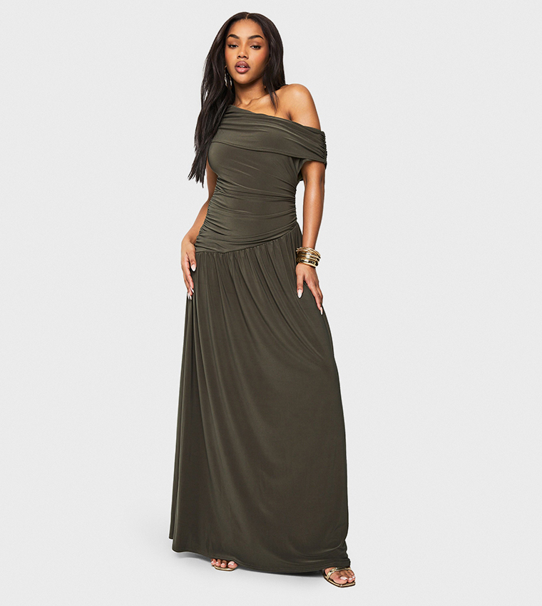 Asymmetric Neck Ruched Maxi Dress