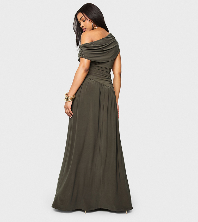 Asymmetric Neck Ruched Maxi Dress