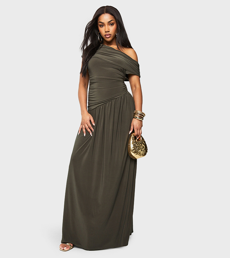 Asymmetric Neck Ruched Maxi Dress
