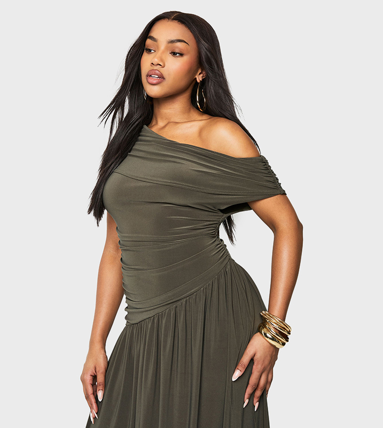 Asymmetric Neck Ruched Maxi Dress