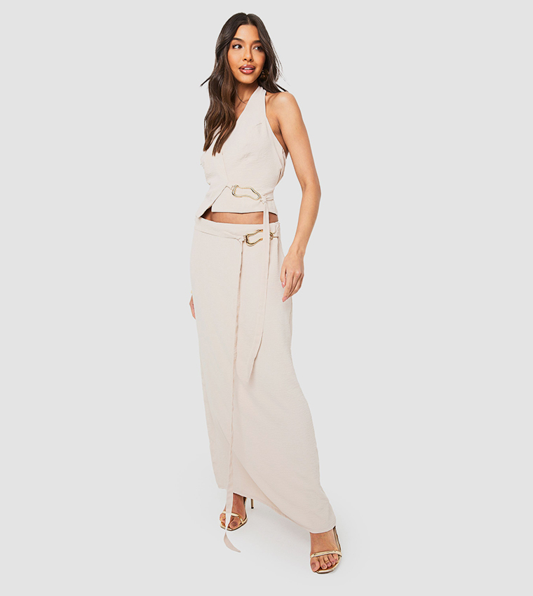 Gold Buckle Tie Detail Maxi Skirt