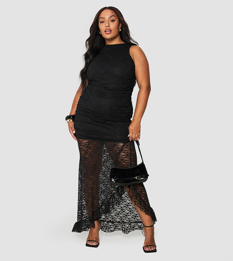Curve Lace Drop Hem Ruched Maxi Dress