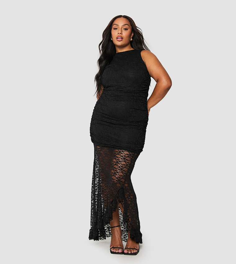 Curve Lace Drop Hem Ruched Maxi Dress