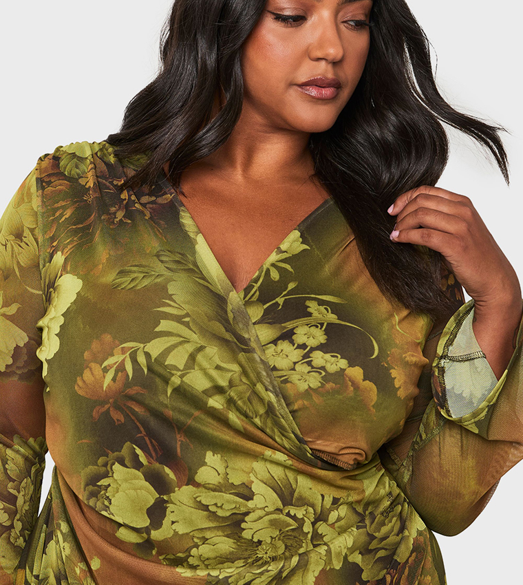 boohoo green floral wrap dress Buy Curve Print Mesh Mini In bikini cover