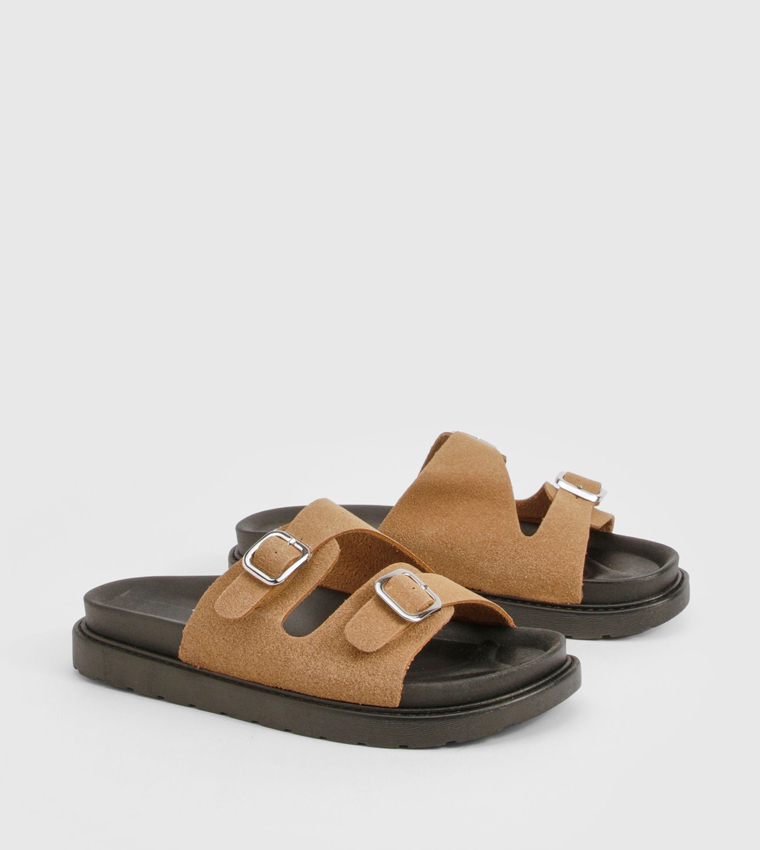 Faux Suede Double Buckle Detail Footbed Sandals