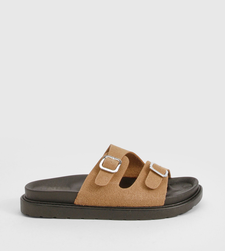 Faux Suede Double Buckle Detail Footbed Sandals