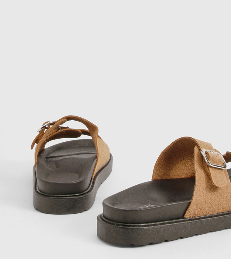 Faux Suede Double Buckle Detail Footbed Sandals
