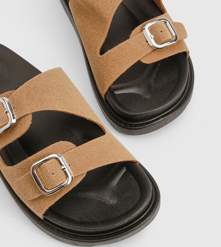Faux Suede Double Buckle Detail Footbed Sandals