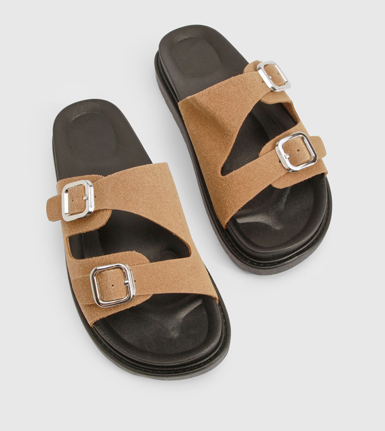 Faux Suede Double Buckle Detail Footbed Sandals
