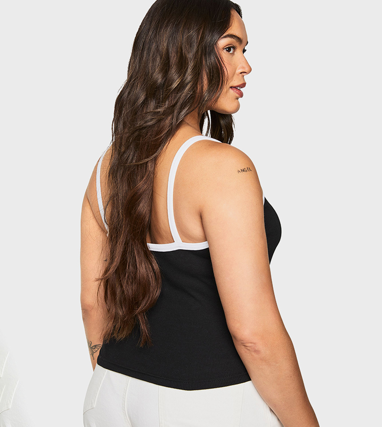 Curve Ribbed Contrast Binding Strappy Crop Top