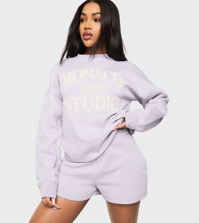 Monaco Slogan Oversized Sweatshirt Shorty Tracksuit Set