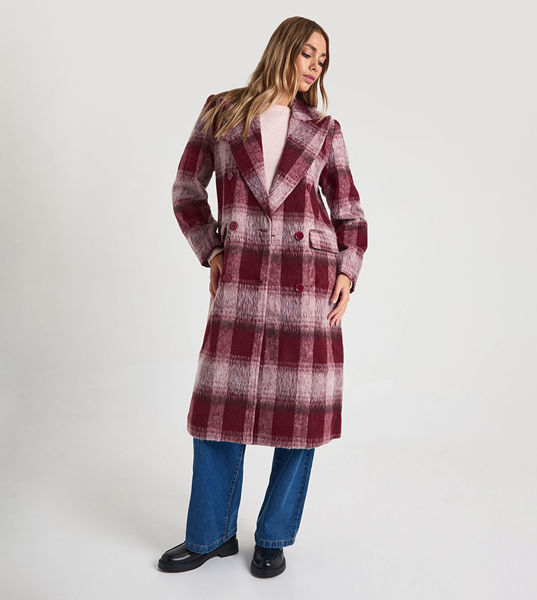 Buy Boohoo Check Oversized Double Breasted Coat In Pink