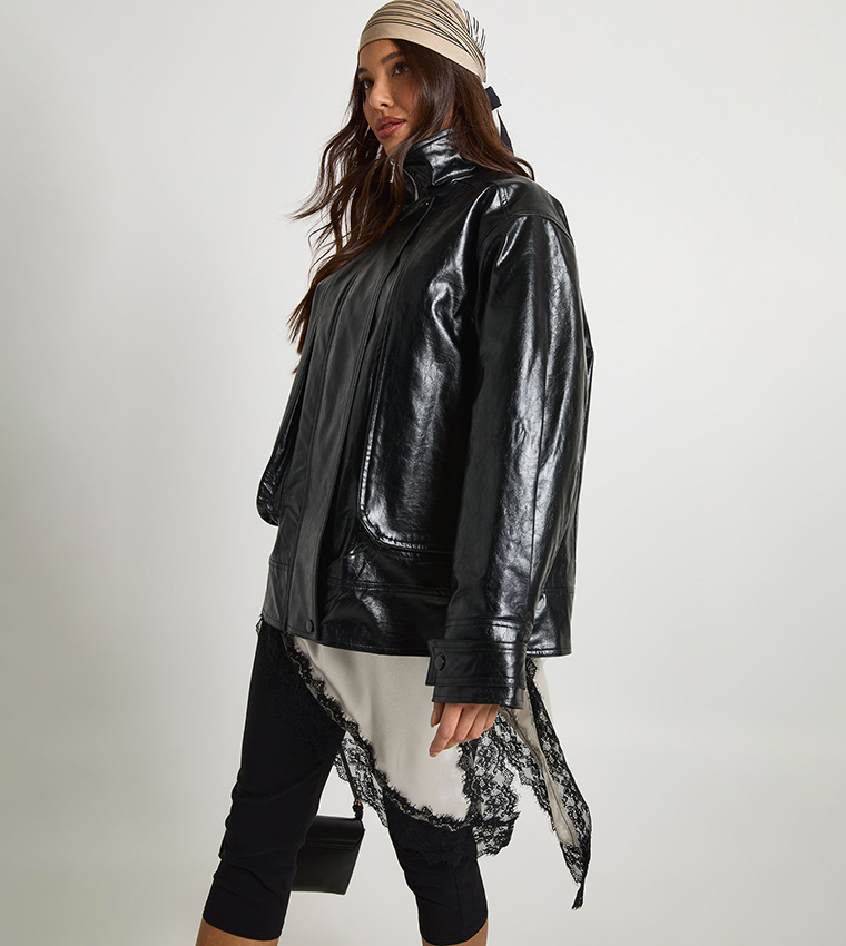 Teddy Lined Faux Leather Bomber Jacket