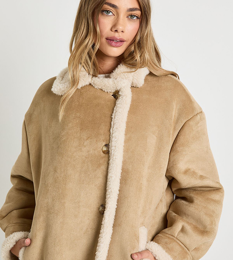 Teddy Trim Aviator Coat