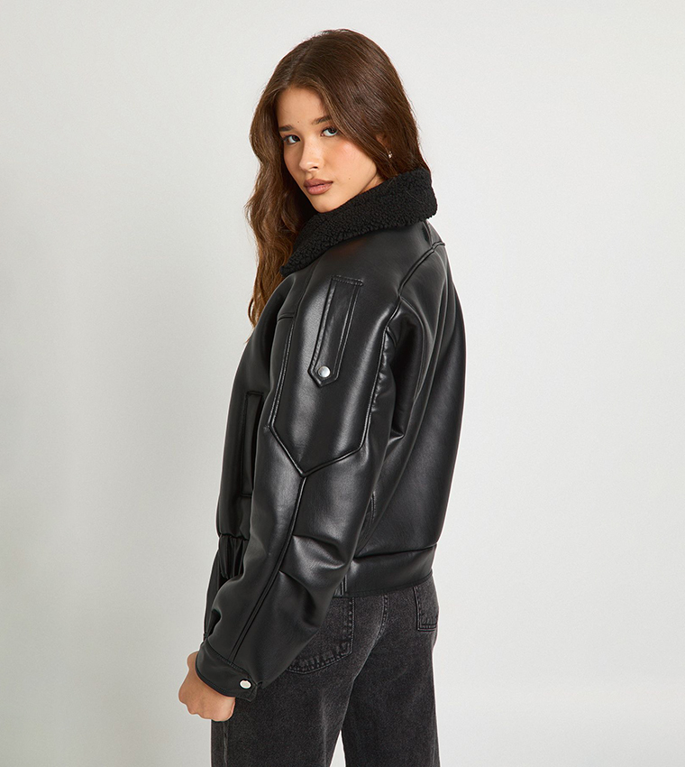 Borg Trim Faux Leather Bonded Aviator Jacket