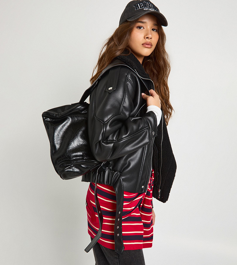 Borg Trim Faux Leather Bonded Aviator Jacket