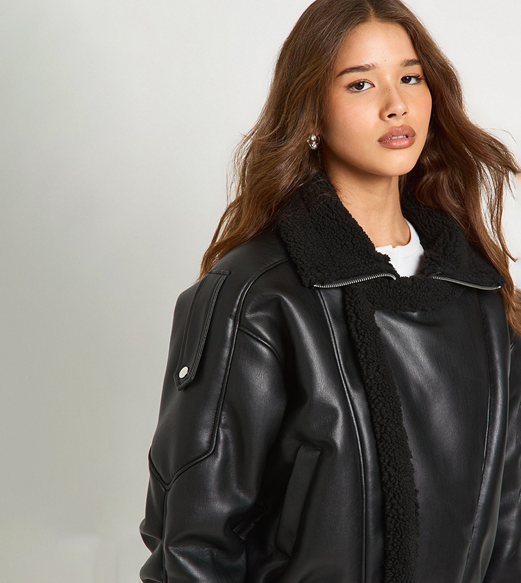 Borg Trim Faux Leather Bonded Aviator Jacket