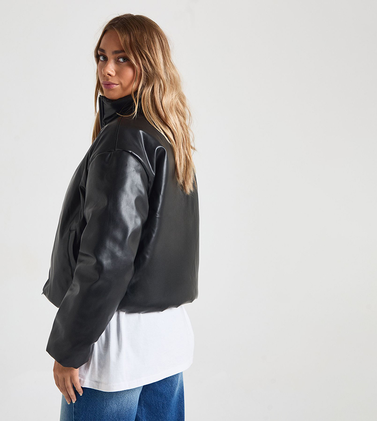 High Neck Faux Leather Bomber Jacket