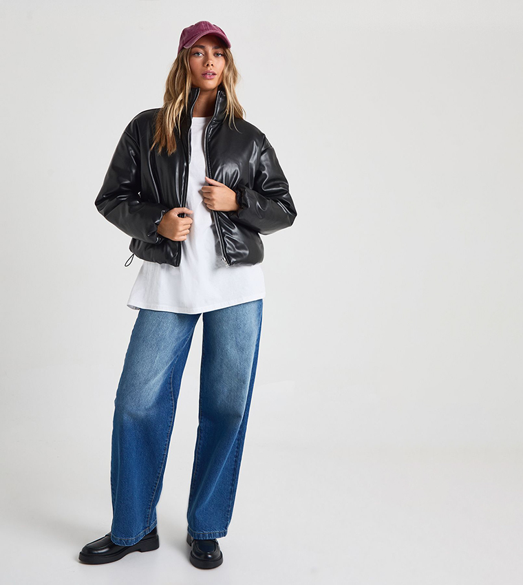 High Neck Faux Leather Bomber Jacket