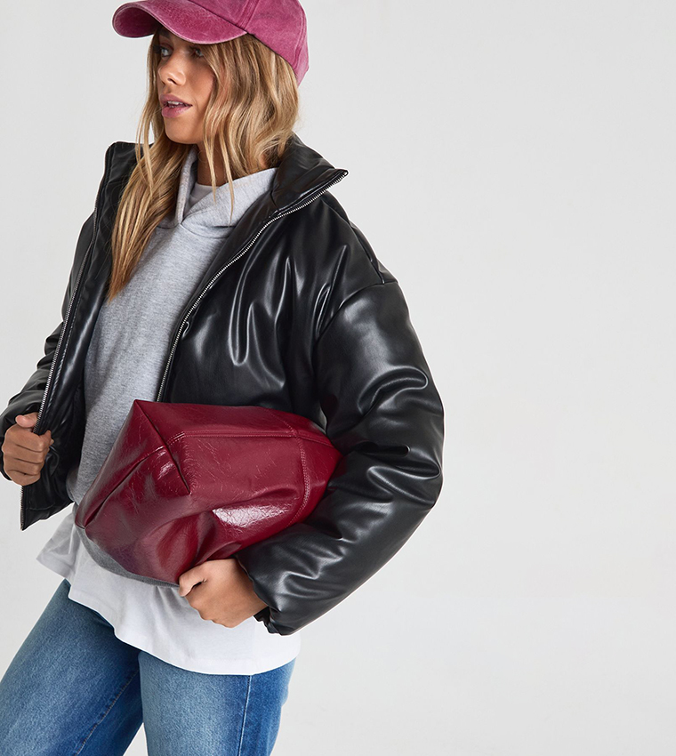 High Neck Faux Leather Bomber Jacket