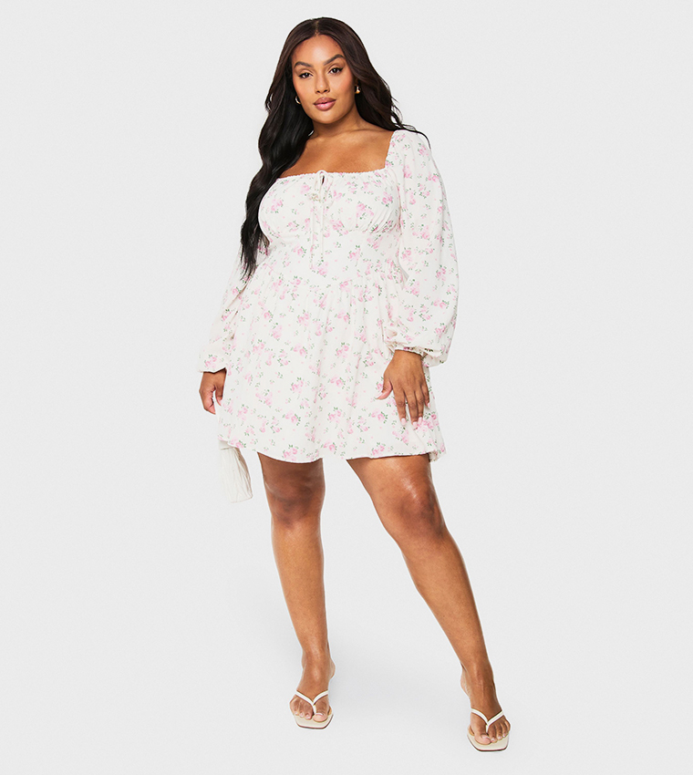 Curve Floral Print Chiffon Blouson Skater Dress