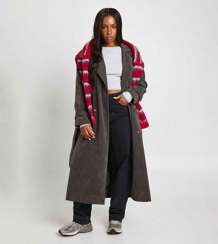 Buy Boohoo Faux Suede Trench Coat In Grey 6thStreet Qatar