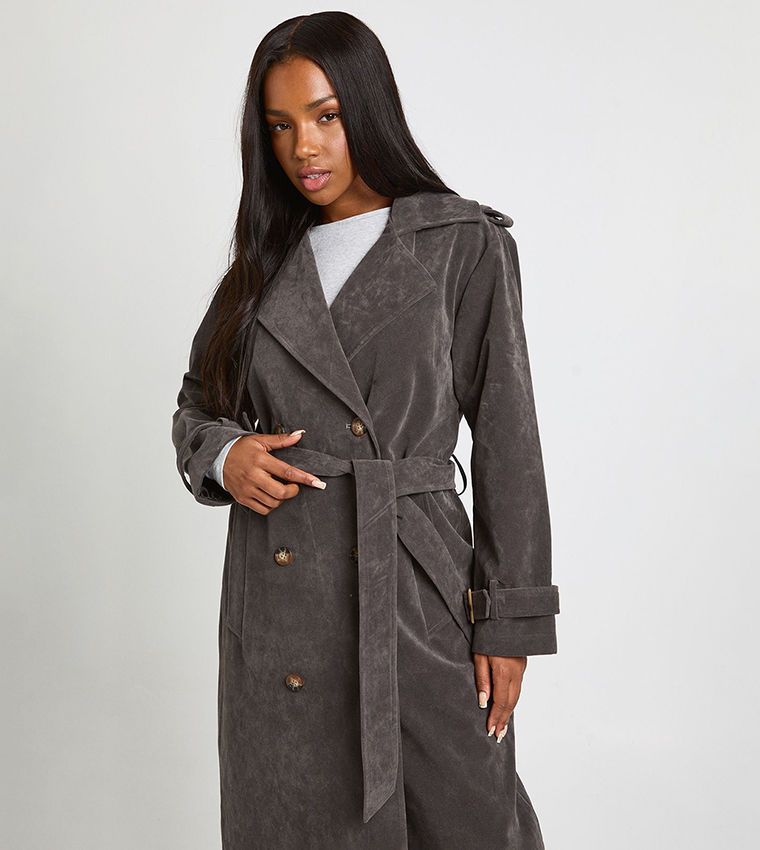 Buy Boohoo Faux Suede Trench Coat In Grey 6thStreet Qatar