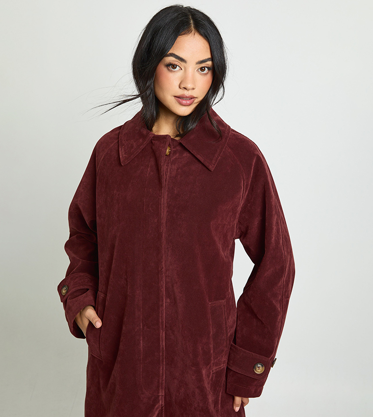 جاكيت طويل شامواه صناعي بياقة 