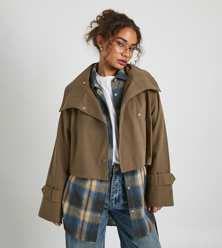 Asymmetric Belted Crop Trench Jacket