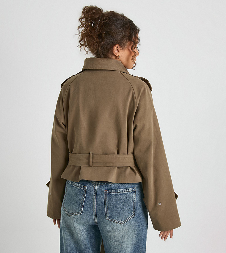 Asymmetric Belted Crop Trench Jacket