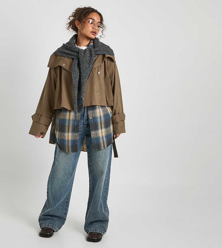 Asymmetric Belted Crop Trench Jacket