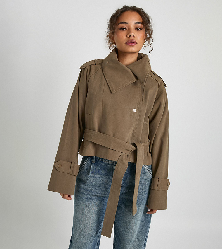 Asymmetric Belted Crop Trench Jacket