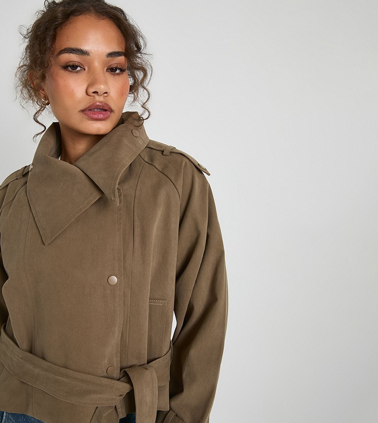 Asymmetric Belted Crop Trench Jacket