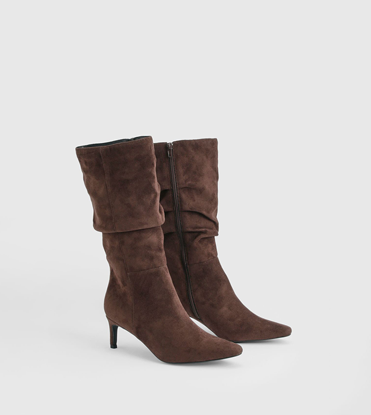 Wide Fit Faux Suede Ruched Mid Calf Boots