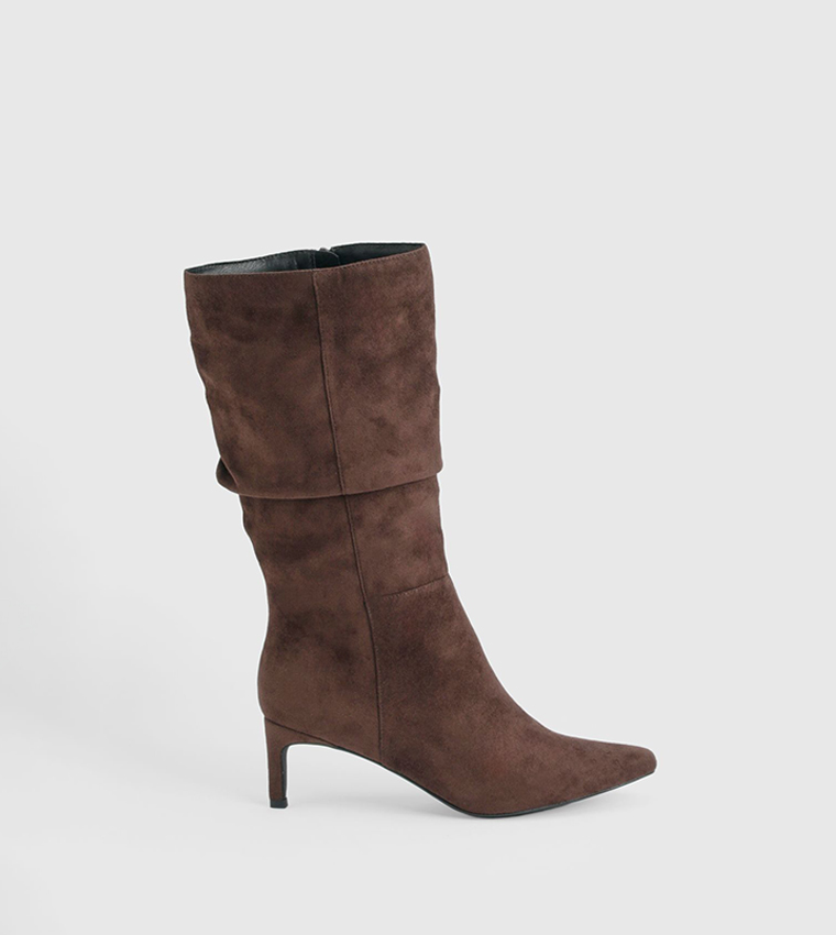Wide Fit Faux Suede Ruched Mid Calf Boots