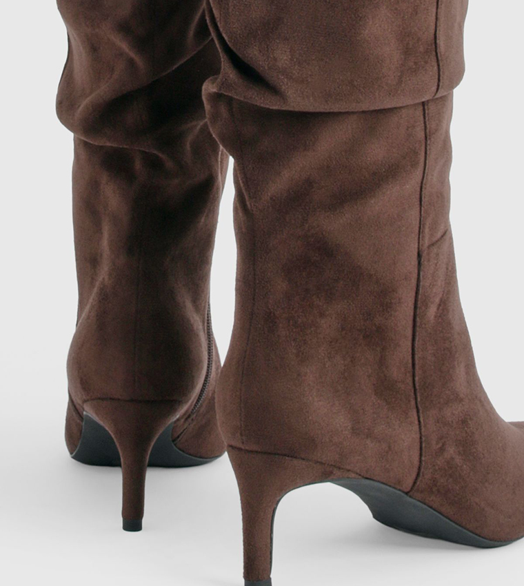 Wide Fit Faux Suede Ruched Mid Calf Boots