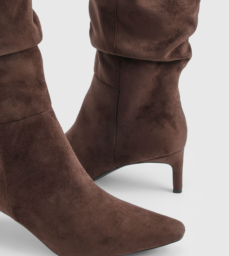 Wide Fit Faux Suede Ruched Mid Calf Boots