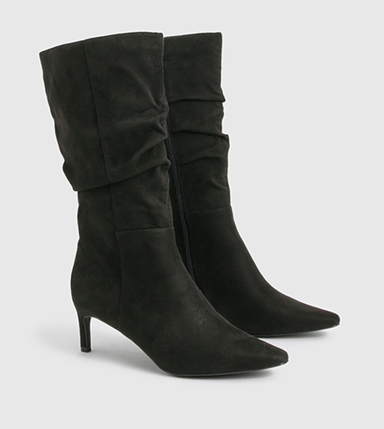 Wide Fit Faux Suede Ruched Mid Calf Heeled Boots