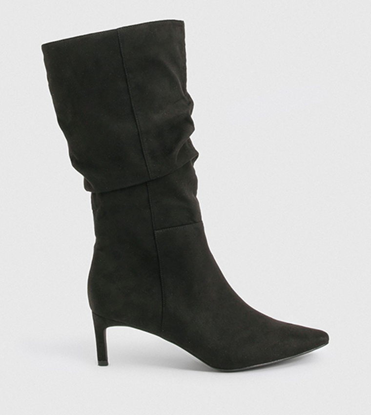 Wide Fit Faux Suede Ruched Mid Calf Heeled Boots