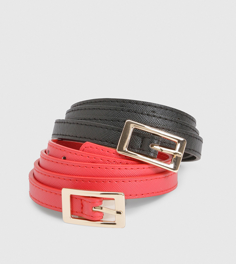 2 Pack Buckle Skinny Leather Belts