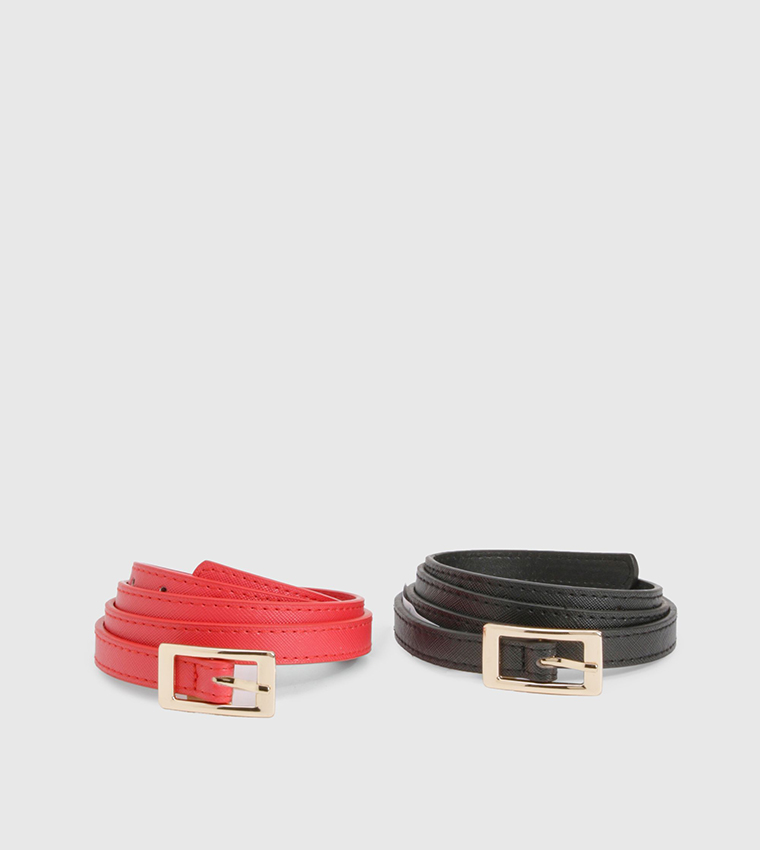 2 Pack Buckle Skinny Leather Belts
