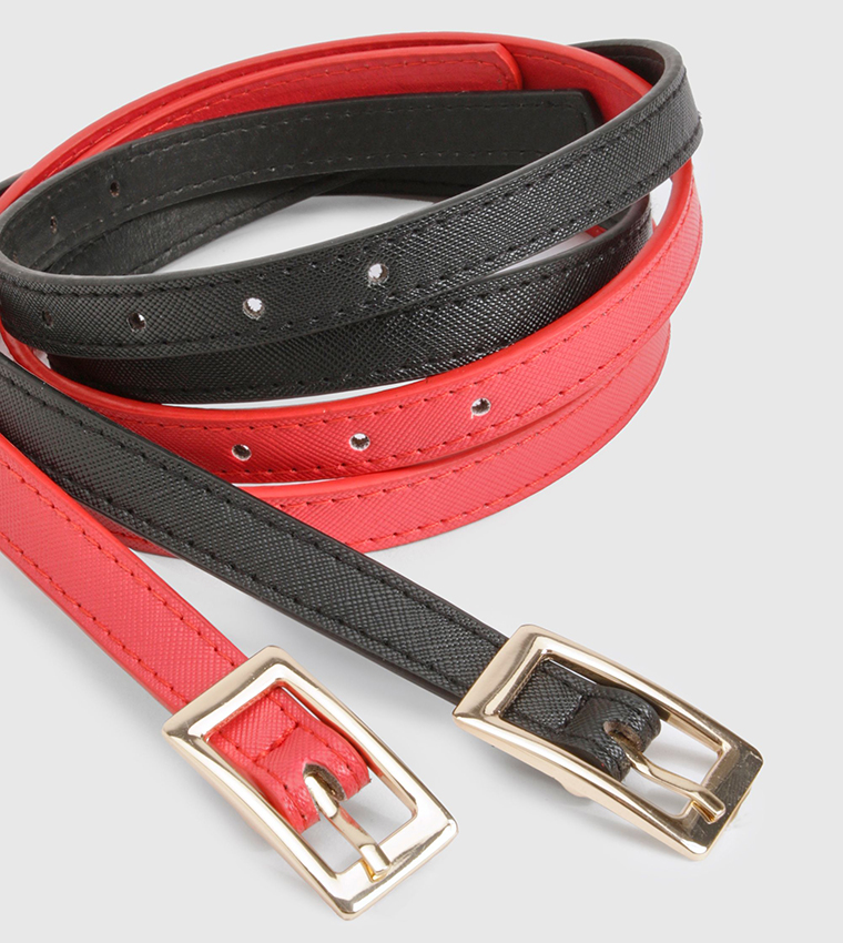2 Pack Buckle Skinny Leather Belts