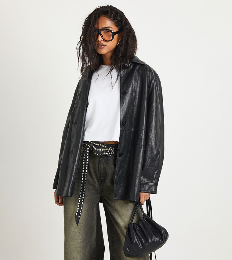 Faux Leather Jacket with Bag
