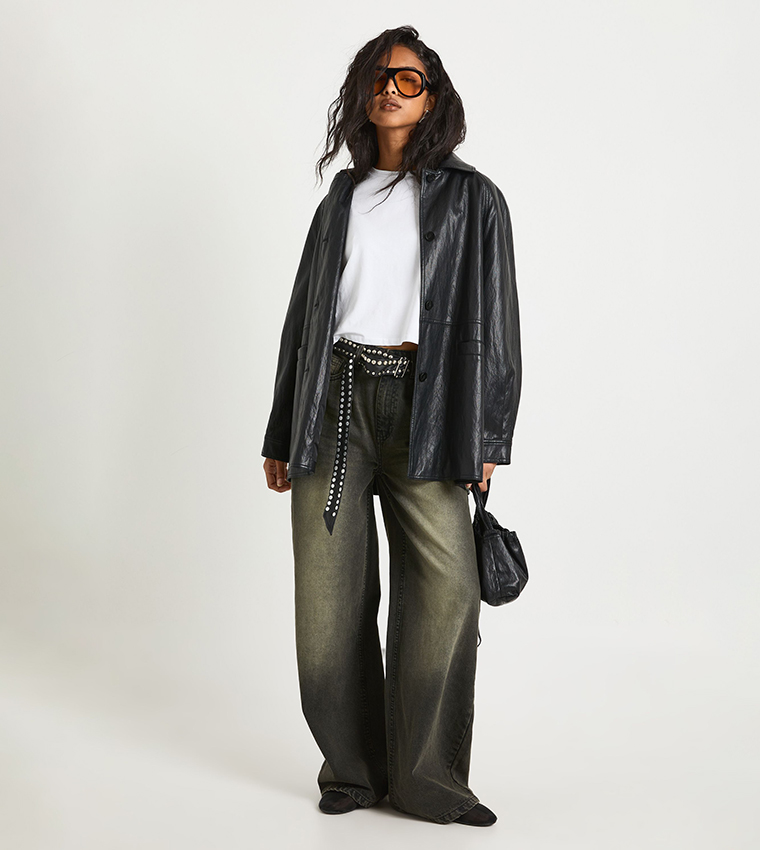 Faux Leather Jacket with Bag