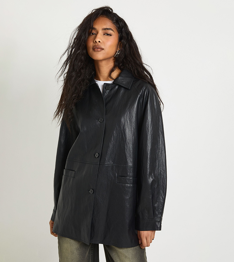 Faux Leather Jacket with Bag