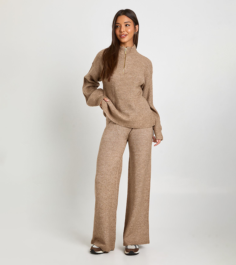 Buy Boohoo Super Soft Zip Neck Sweater And Wide Leg Trouser Set In