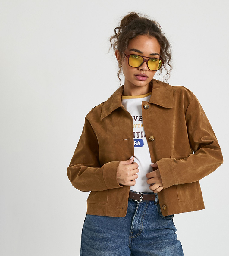 Collared Button Up Suede Look Jacket