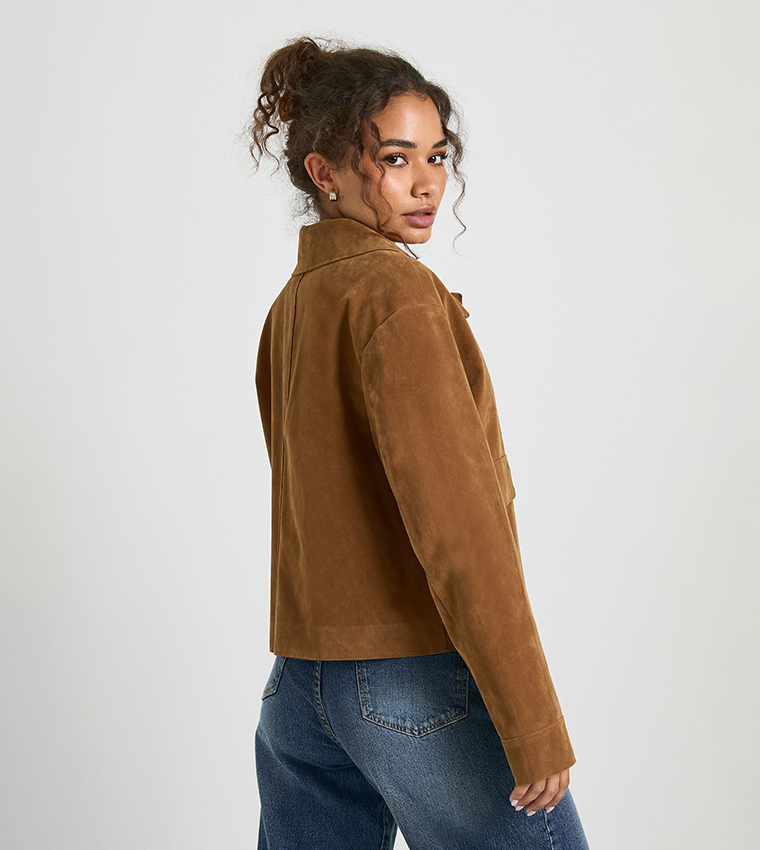 Collared Button Up Suede Look Jacket