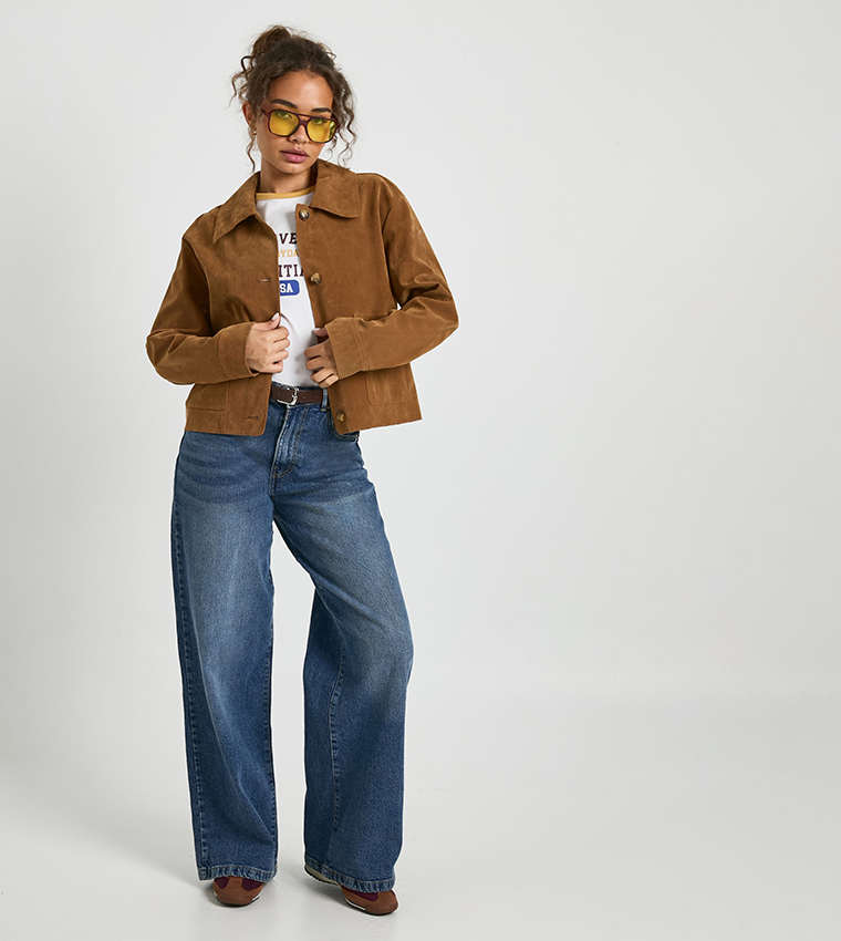 Collared Button Up Suede Look Jacket